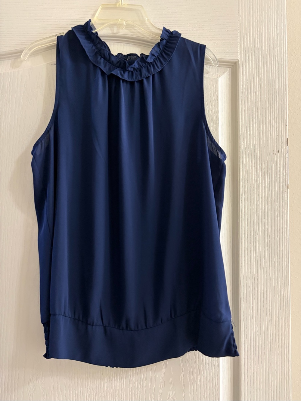 New York & Company Sheer Navy Sleeveless Ruffle Collar Shell